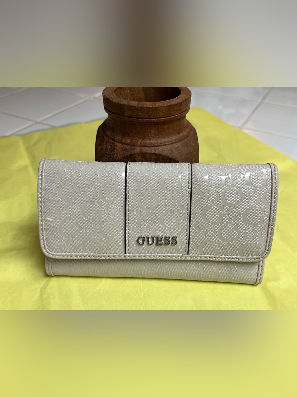 Guess Cream Embossed Logo Wallet with Silver Hardware